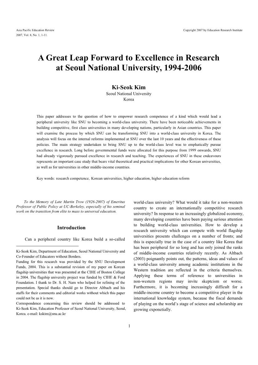 A Great Leap Forward to Excellence in Research at Seoul National University, 1994-2006