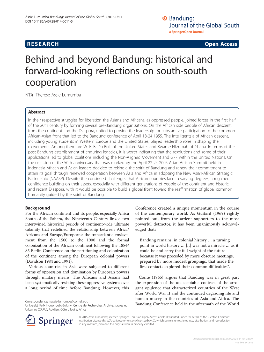 Behind and Beyond Bandung: Historical and Forward-Looking Reflections on South-South Cooperation N’Dri Therese Assie-Lumumba