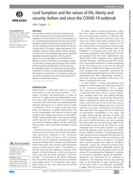 Lord Sumption and the Values of Life, Liberty and Security: Before and Since the COVID-19 Outbreak John Coggon ‍