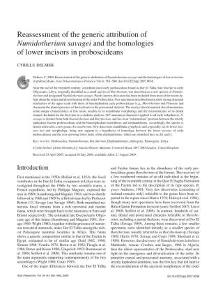 Reassessment of the Generic Attribution of Numidotherium Savagei and the Homologies of Lower Incisors in Proboscideans