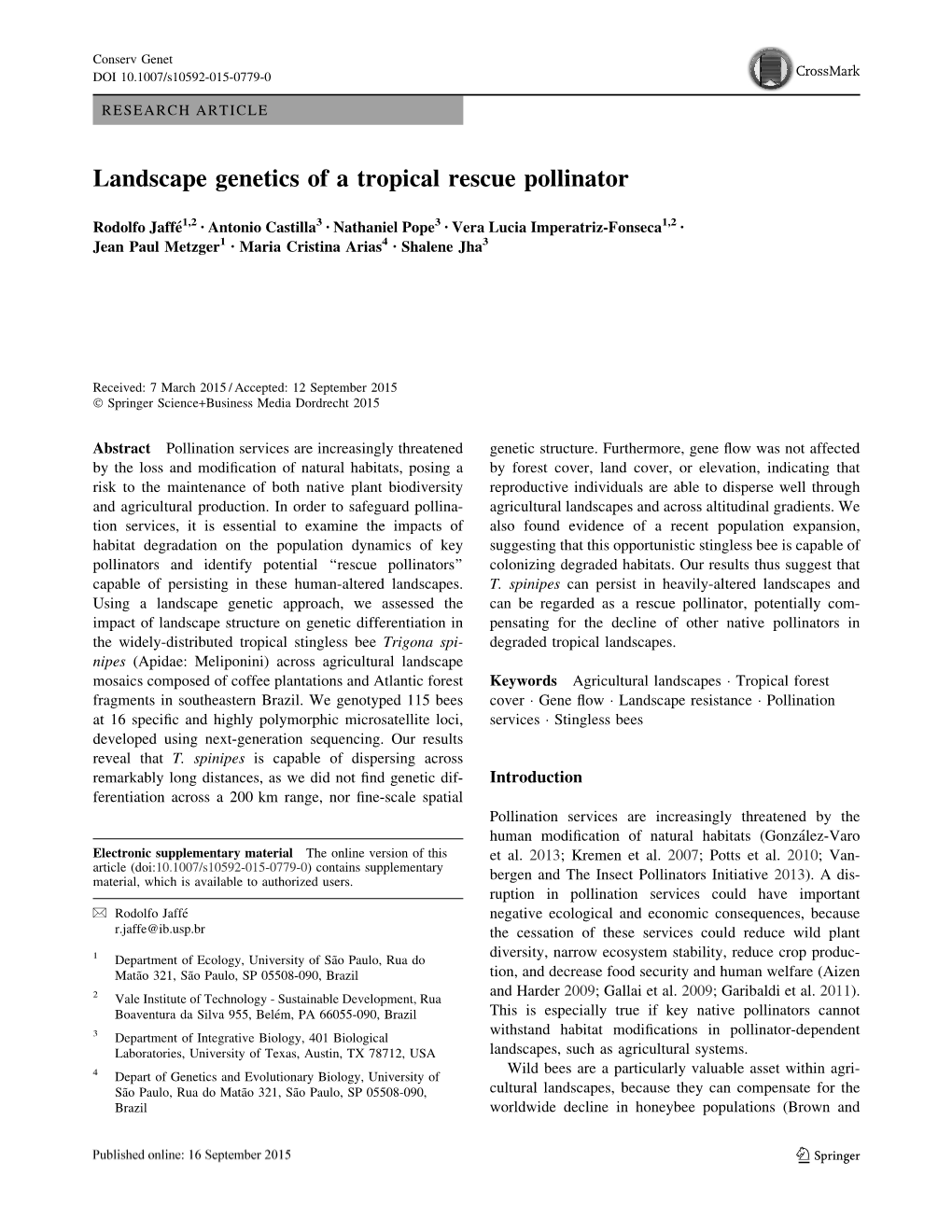 Landscape Genetics of a Tropical Rescue Pollinator