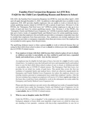 Families First Coronavirus Response Act (FFCRA) FAQS for the Child Care Qualifying Reason and Return to School