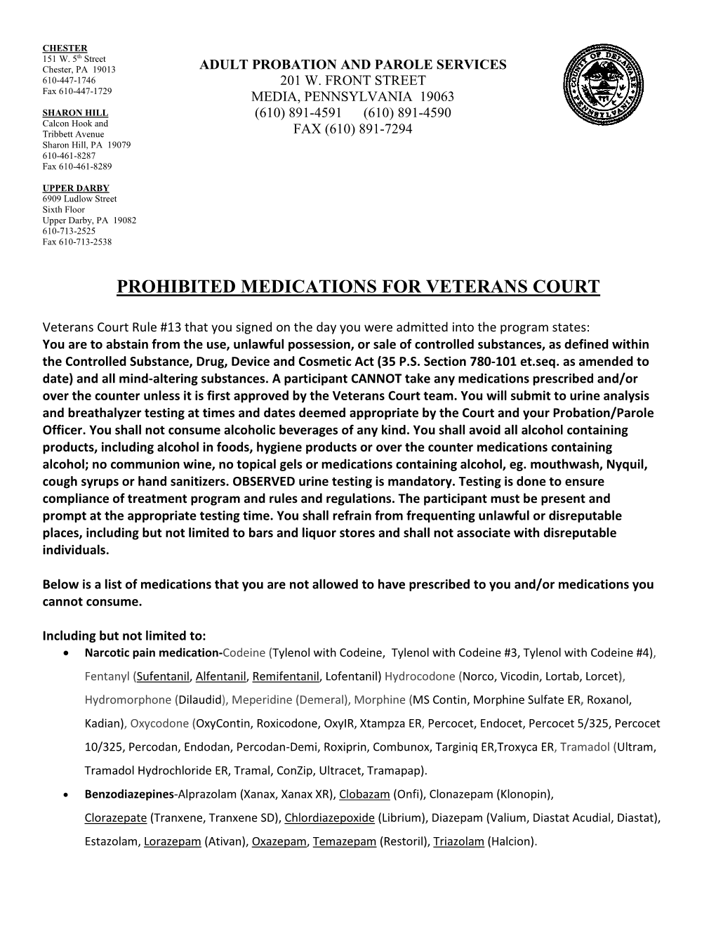 Prohibited Medications for Veterans Court