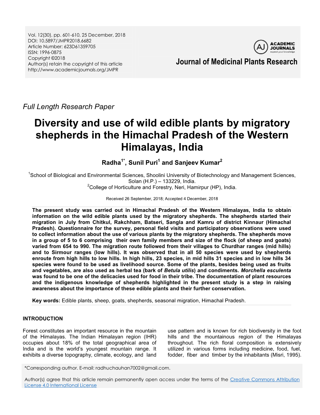 Diversity and Use of Wild Edible Plants by Migratory Shepherds in the Himachal Pradesh of the Western Himalayas, India