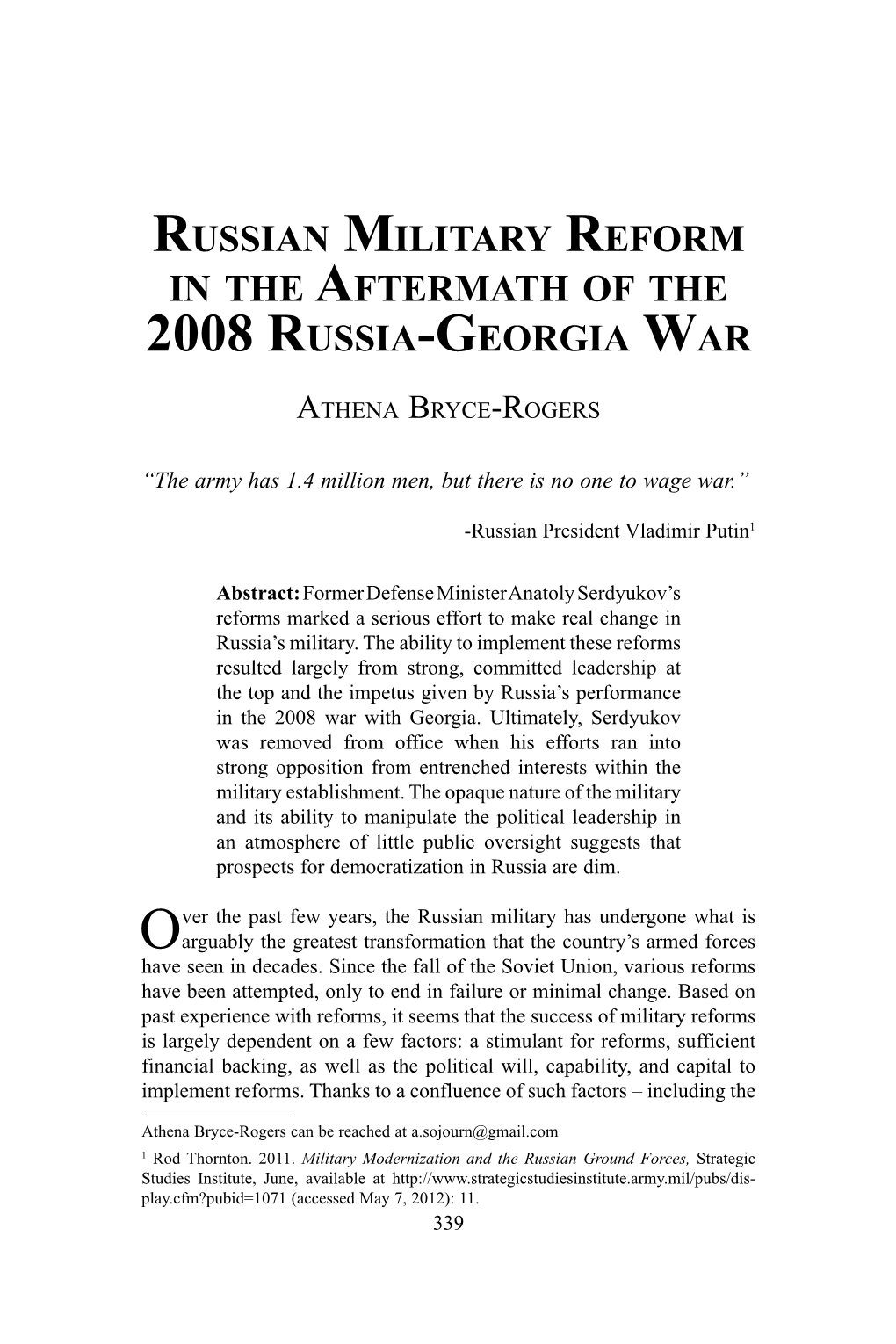 Russian Military Reform in the Aftermath of the 2008 Russia-Georgia War