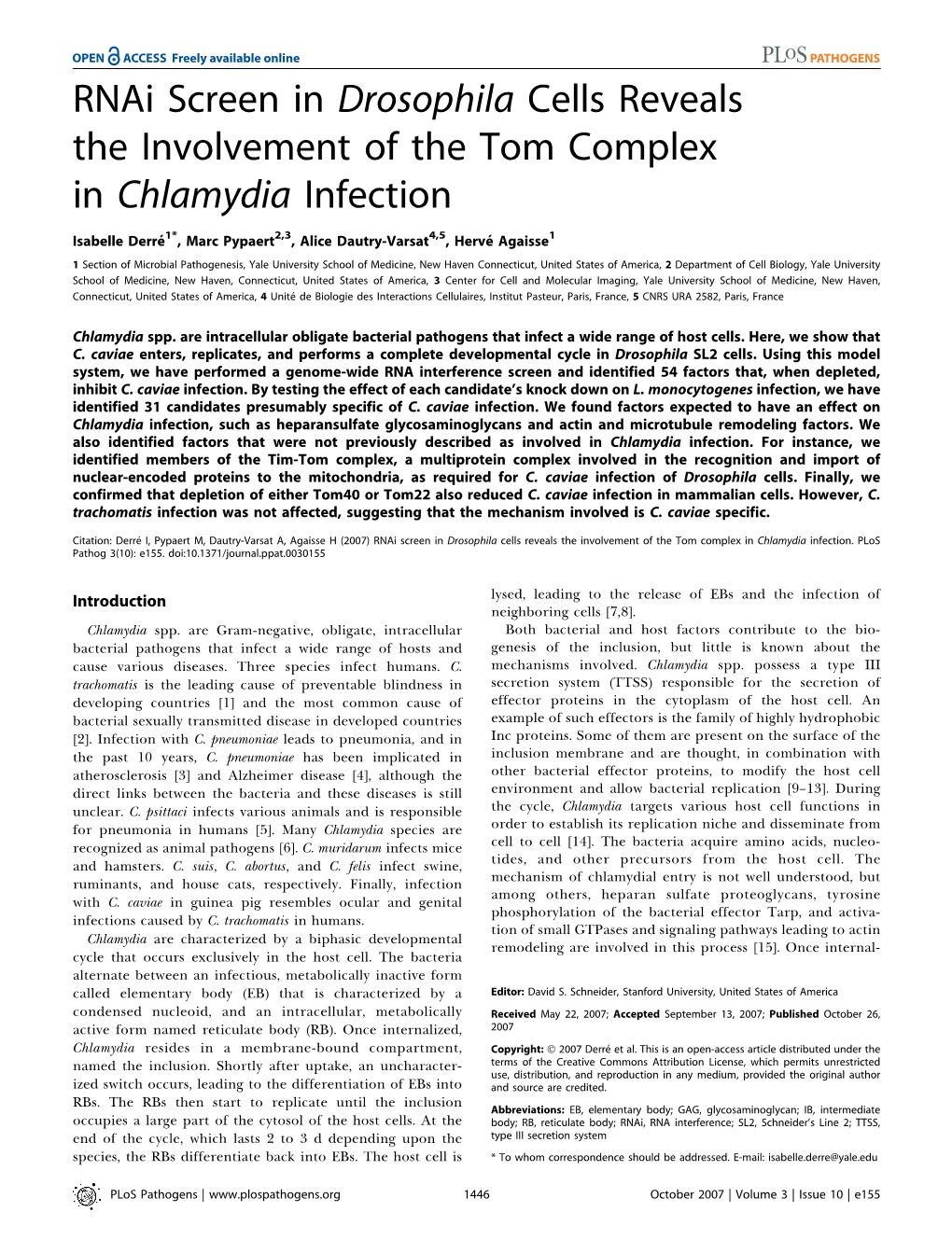 Rnai Screen in Drosophila Cells Reveals the Involvement of the Tom Complex in Chlamydia Infection