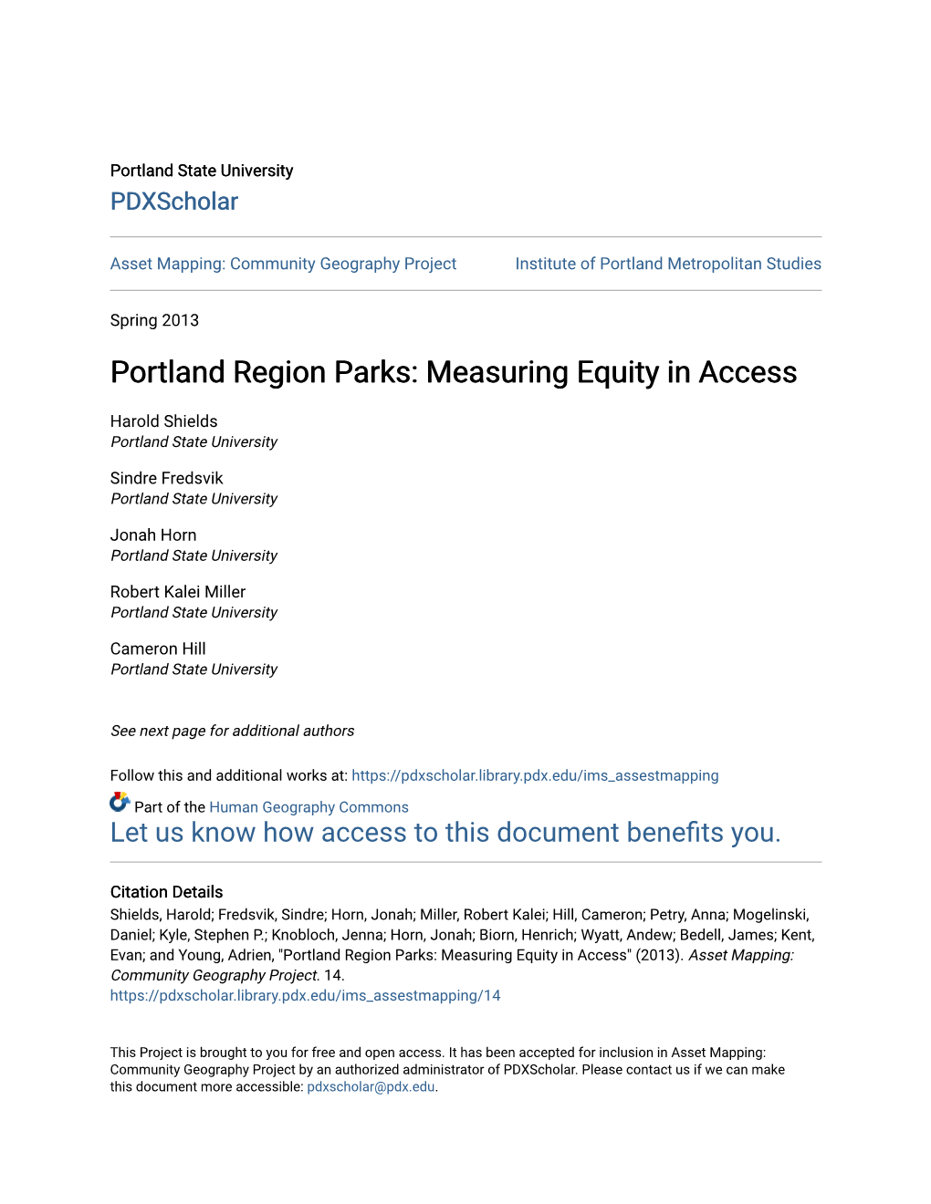 Portland Region Parks: Measuring Equity in Access
