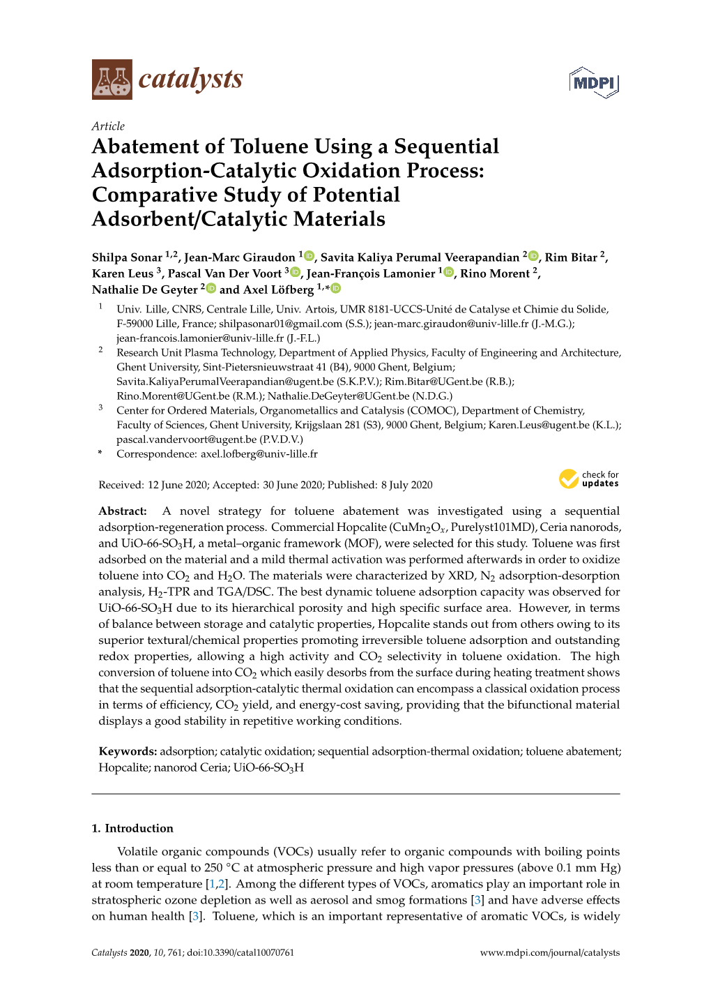 Abatement of Toluene Using a Sequential Adsorption-Catalytic Oxidation Process: Comparative Study of Potential Adsorbent/Catalytic Materials