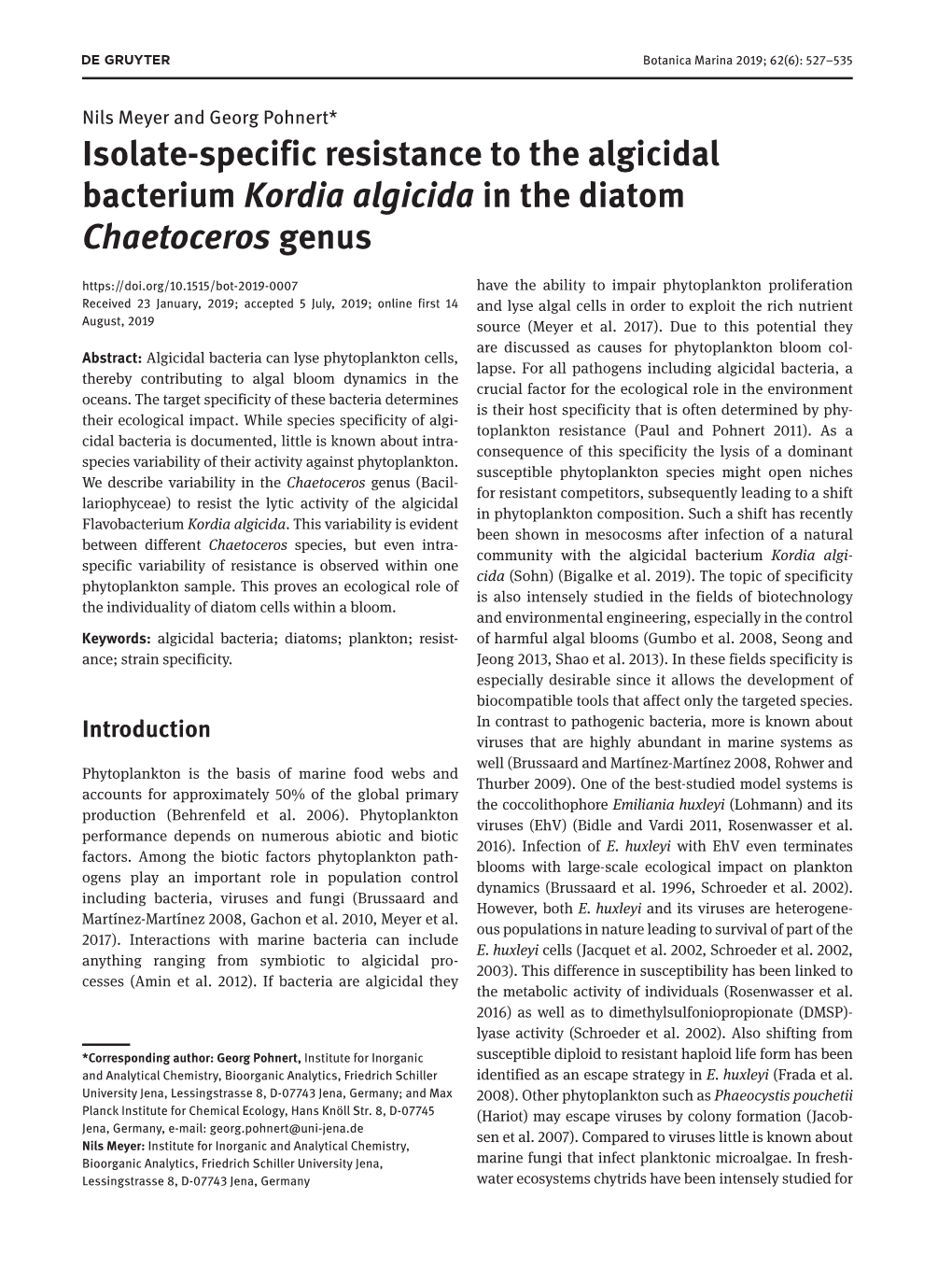 Isolate-Specific Resistance to the Algicidal Bacterium Kordia Algicida