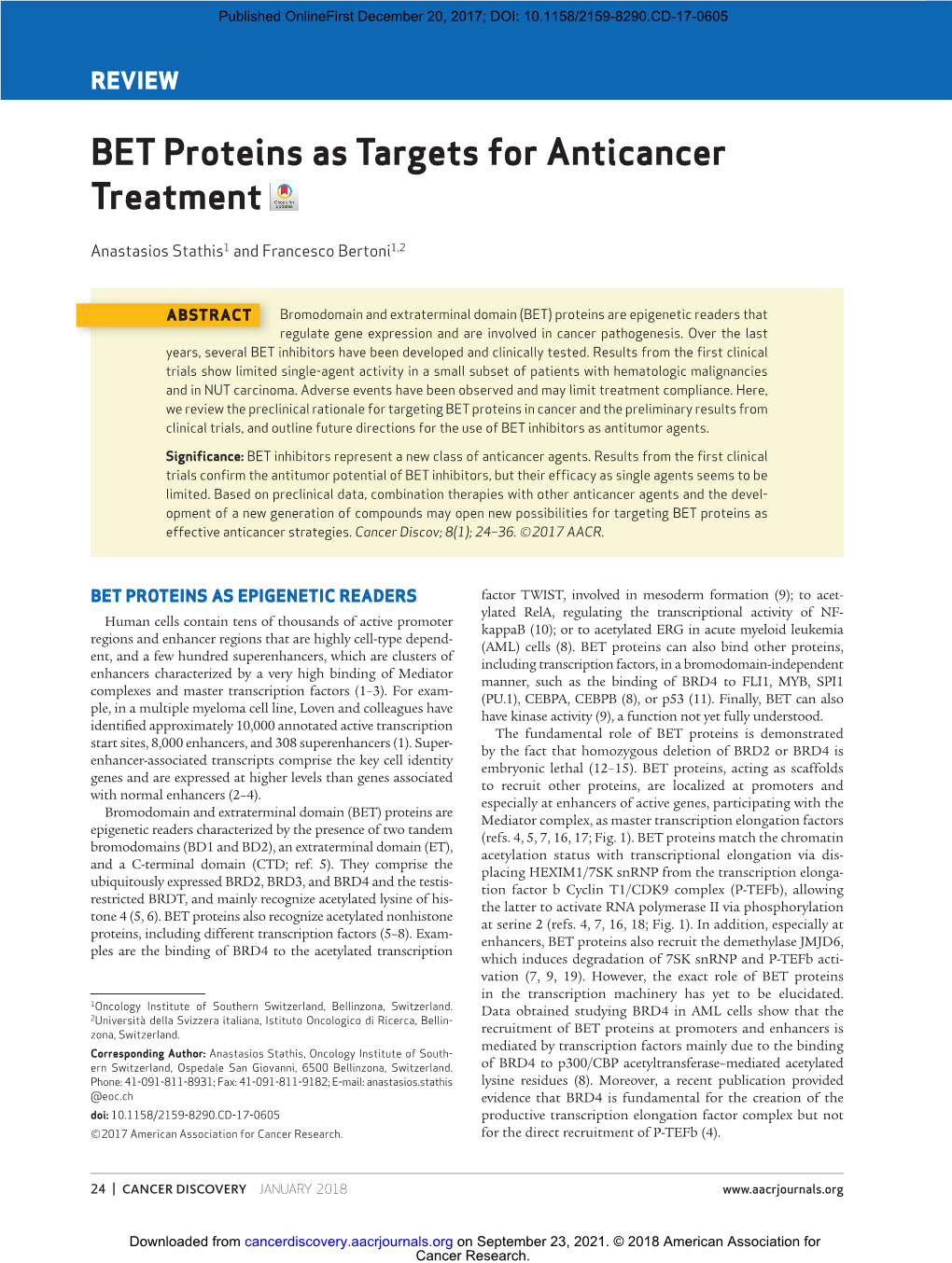 BET Proteins As Targets for Anticancer Treatment