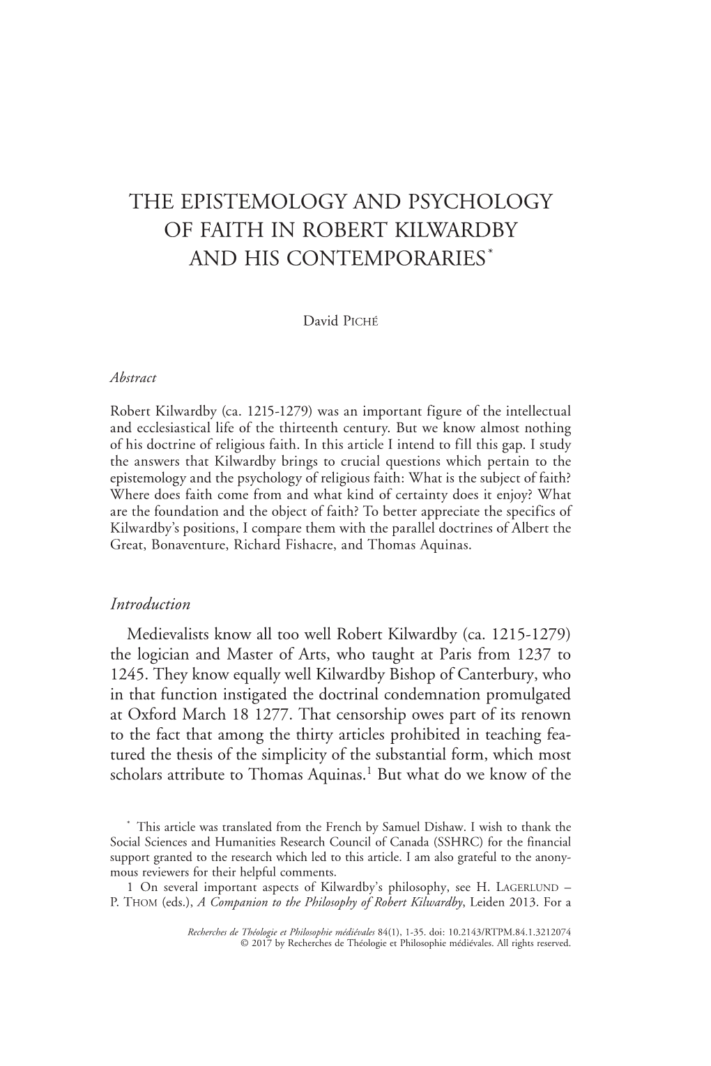 The Epistemology and Psychology of Faith in Robert Kilwardby and His Contemporaries*