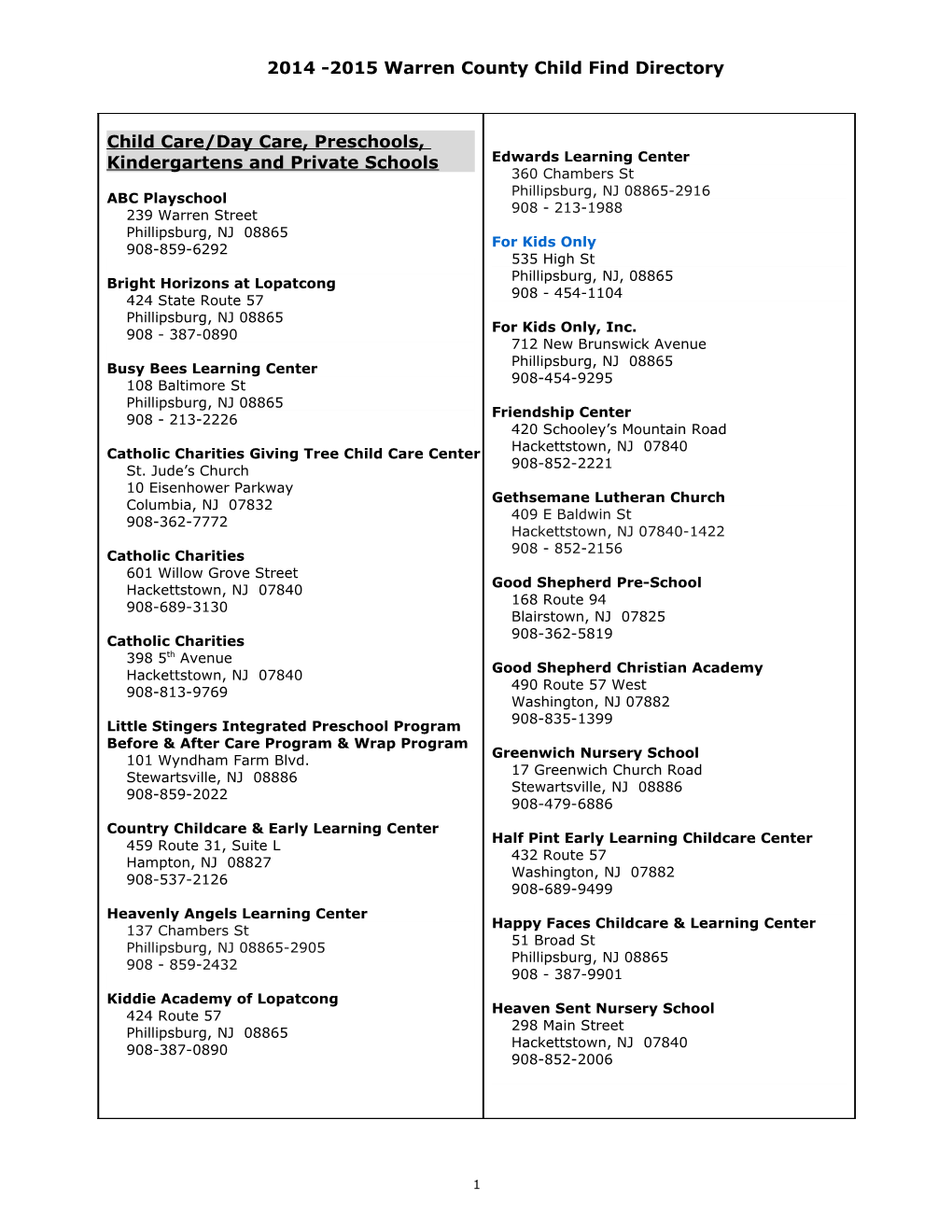 2014 -2015 Warren County Child Find Directory