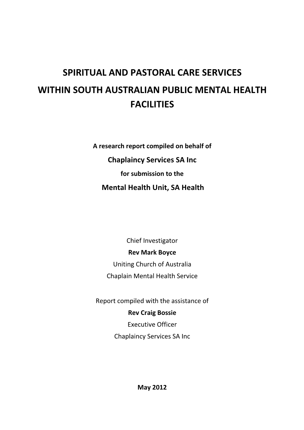 Spiritual and Pastoral Care Services Within South Australian Public Mental Health Facilities