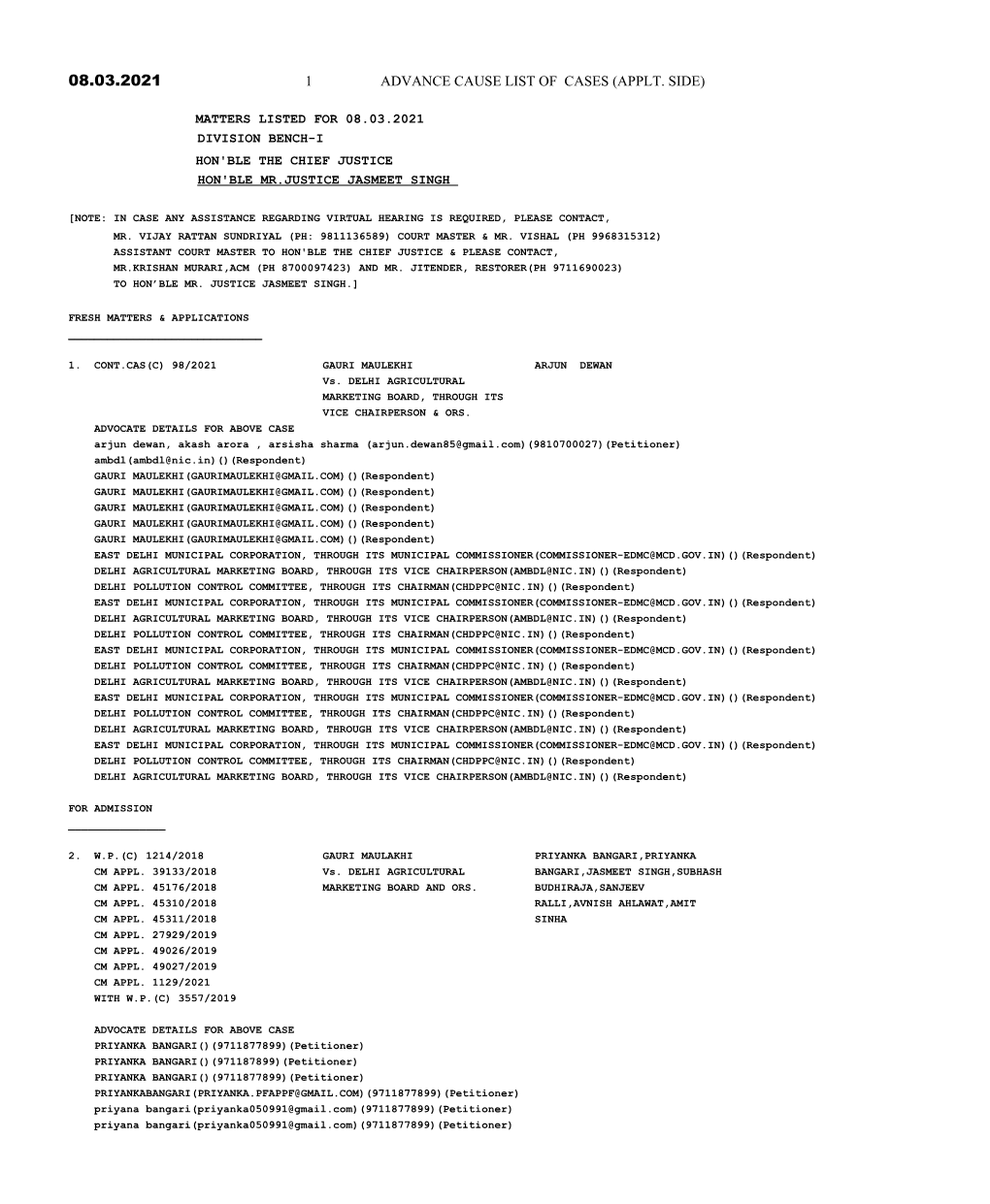 1 Advance Cause List of Cases (Applt. Side)