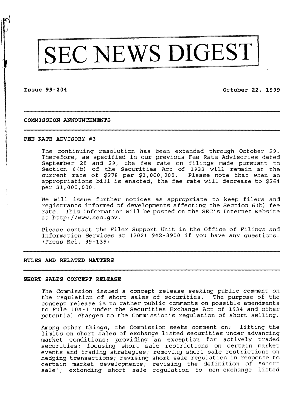 SEC News Digest, 10-22-1999