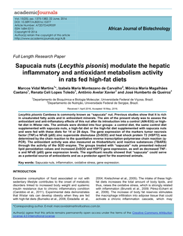 Sapucaia Nuts (Lecythis Pisonis) Modulate the Hepatic Inflammatory and Antioxidant Metabolism Activity in Rats Fed High-Fat Diets
