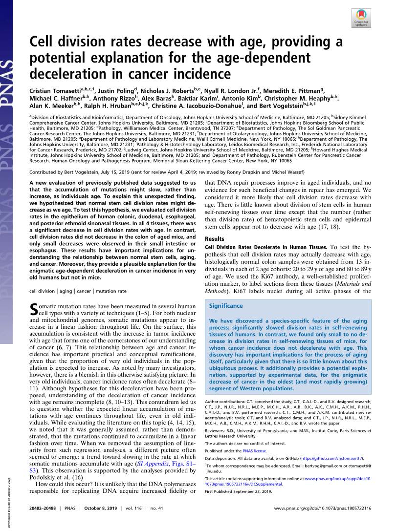 Cell Division Rates Decrease with Age, Providing a Potential Explanation for the Age-Dependent Deceleration in Cancer Incidence