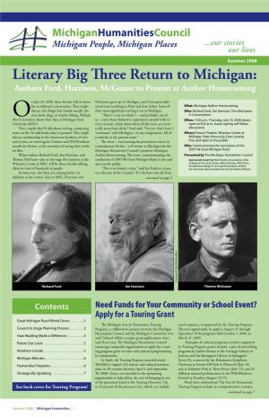 Summer 2008 Literary Big Three Return to Michigan: Authors Ford, Harrison, Mcguane to Present at Author Homecoming