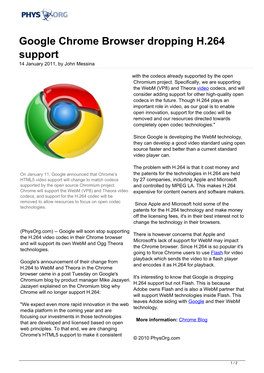 Google Chrome Browser Dropping H.264 Support 14 January 2011, by John Messina