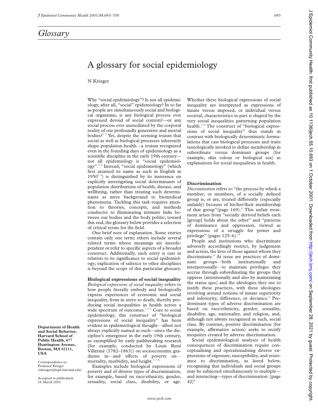 Glossary a Glossary for Social Epidemiology