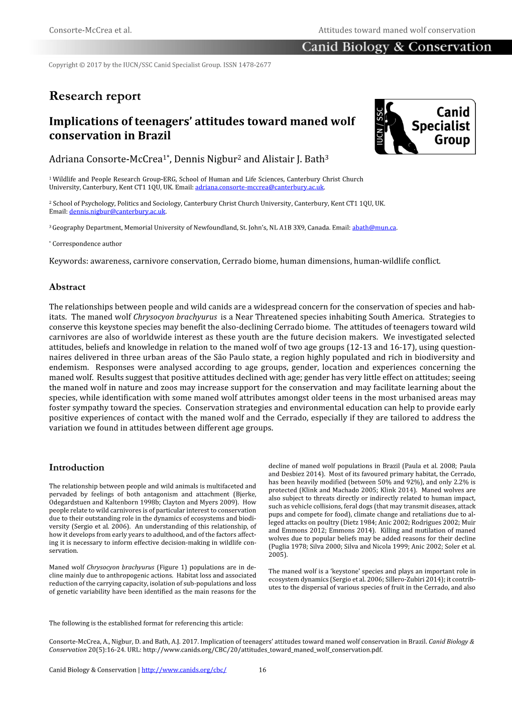 Implications of Teenagers' Attitudes Toward Maned Wolf Conservation In