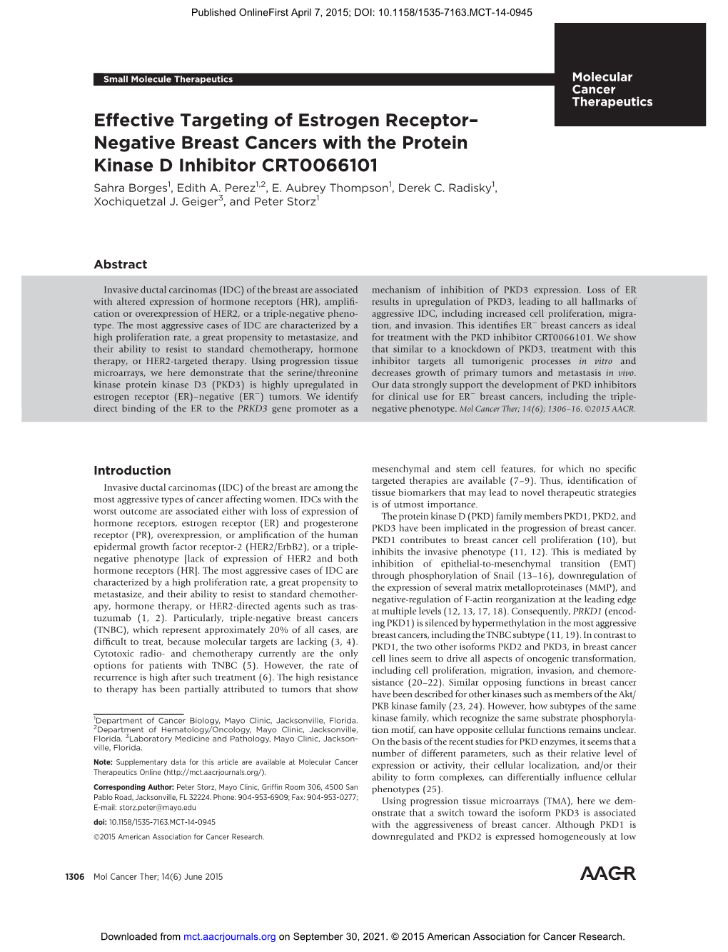 Negative Breast Cancers with the Protein Kinase D Inhibitor CRT0066101 Sahra Borges1, Edith A