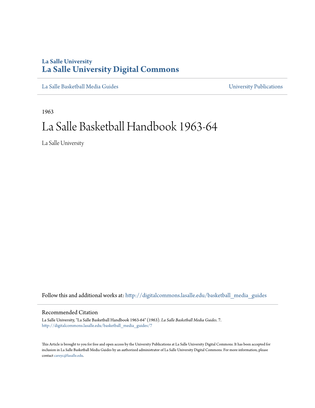 La Salle Basketball Handbook 1963-64 La Salle University