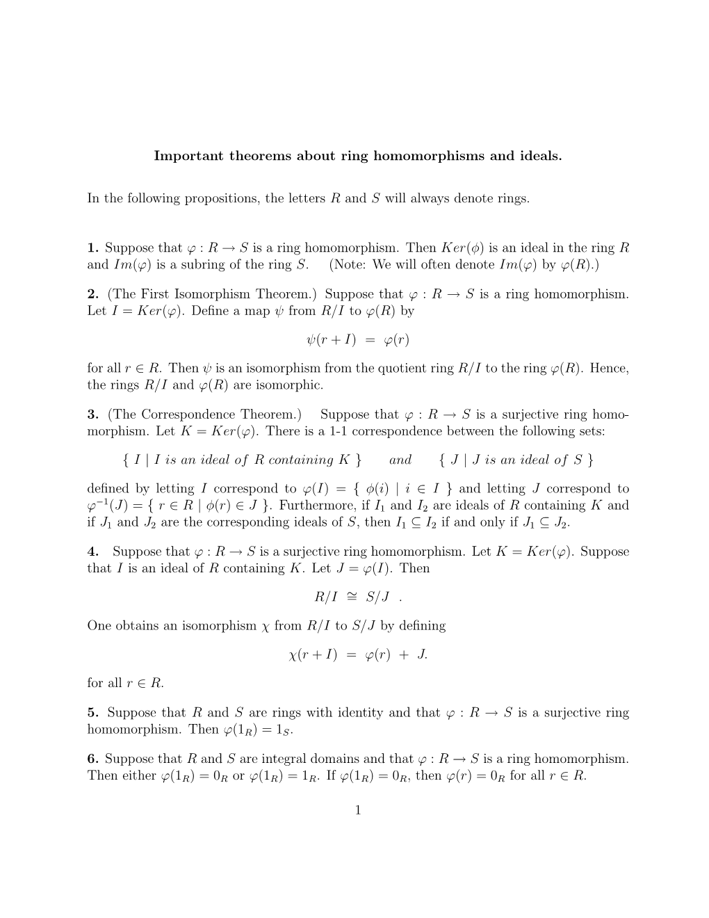 Important Theorems About Ring Homomorphisms and Ideals. in The