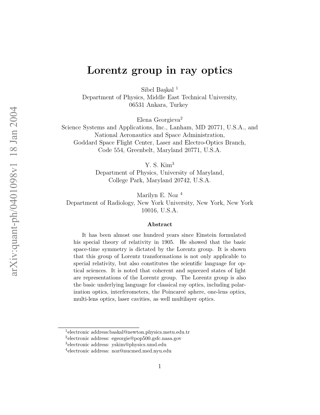 Lorentz Group in Ray Optics