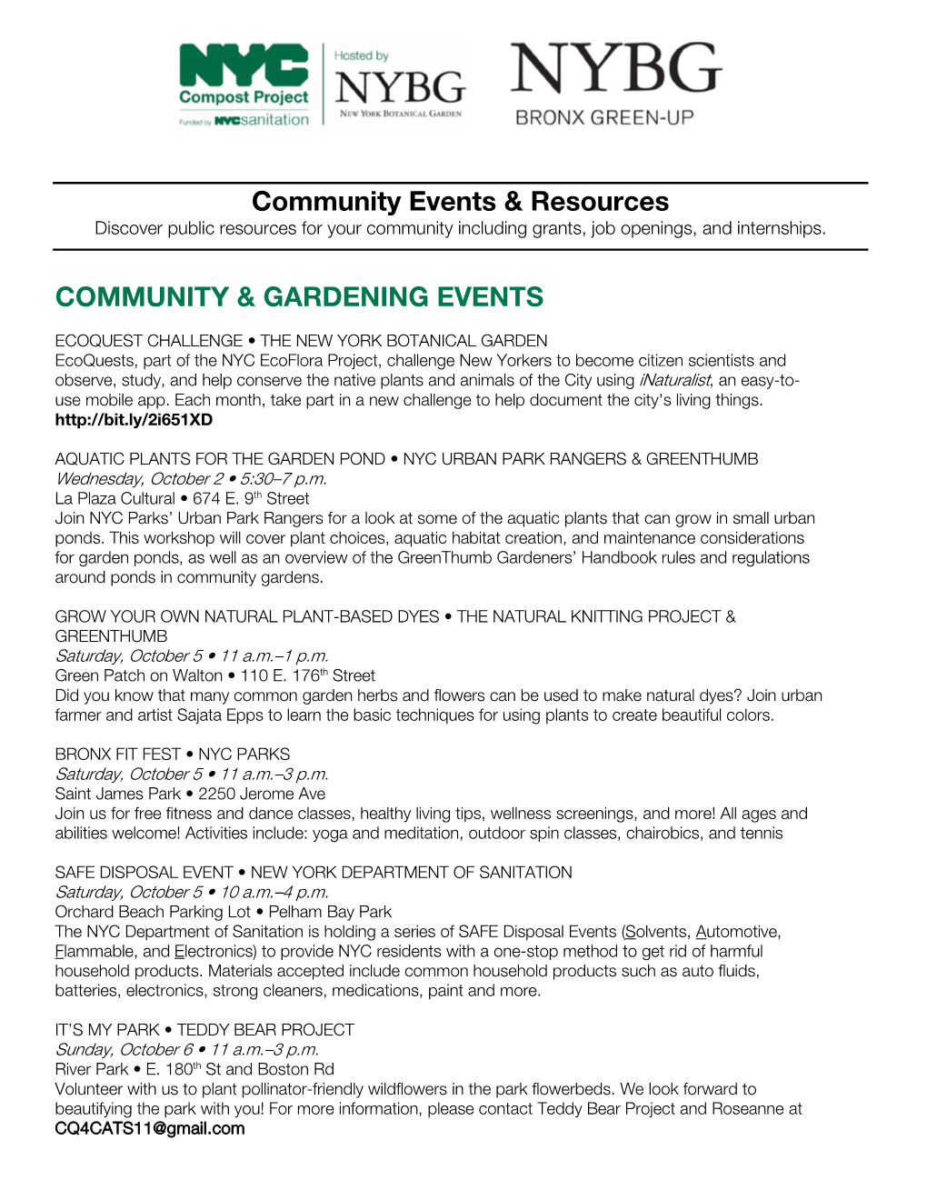 Community Events & Resources COMMUNITY & GARDENING EVENTS