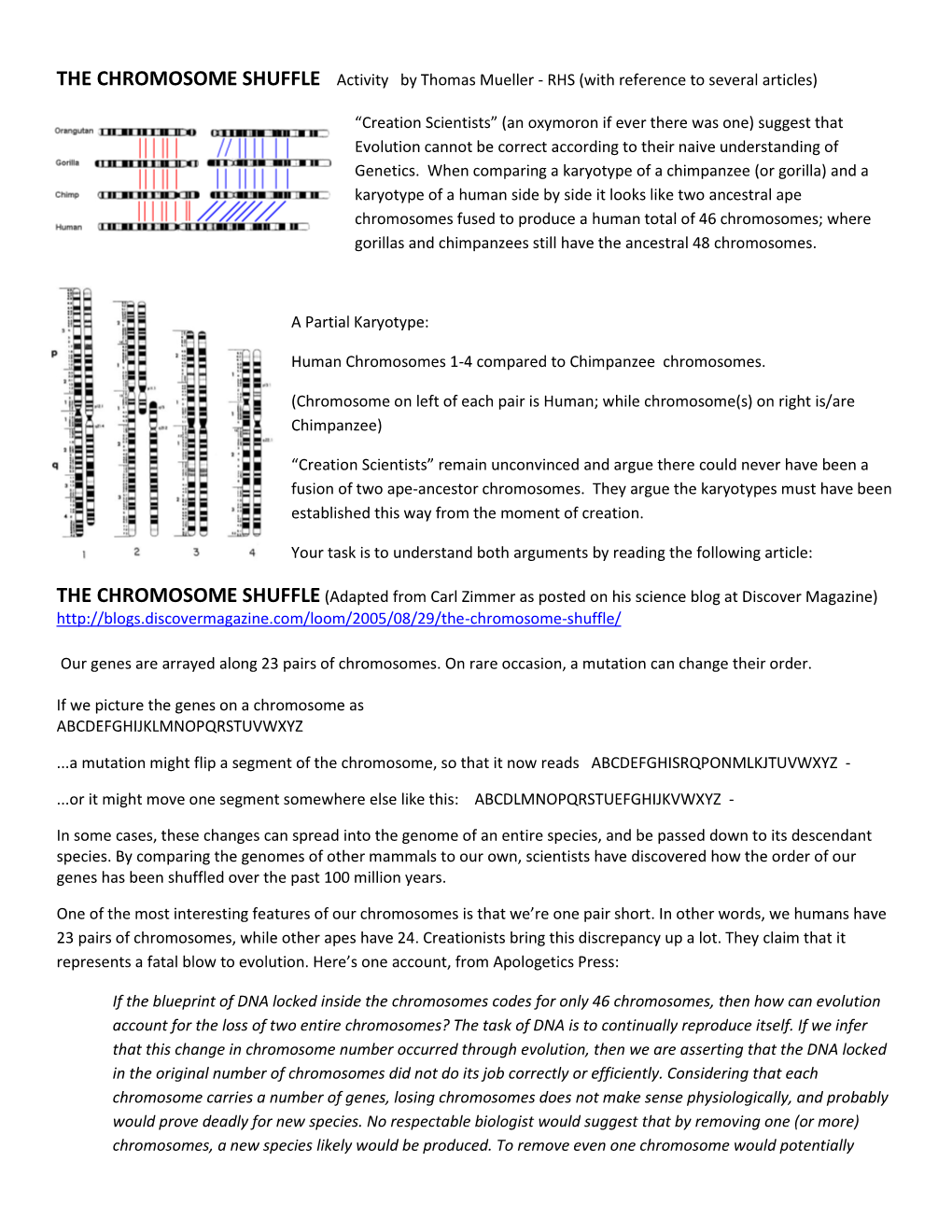 THE CHROMOSOME SHUFFLE Activity by Thomas Mueller - RHS (With Reference to Several Articles)