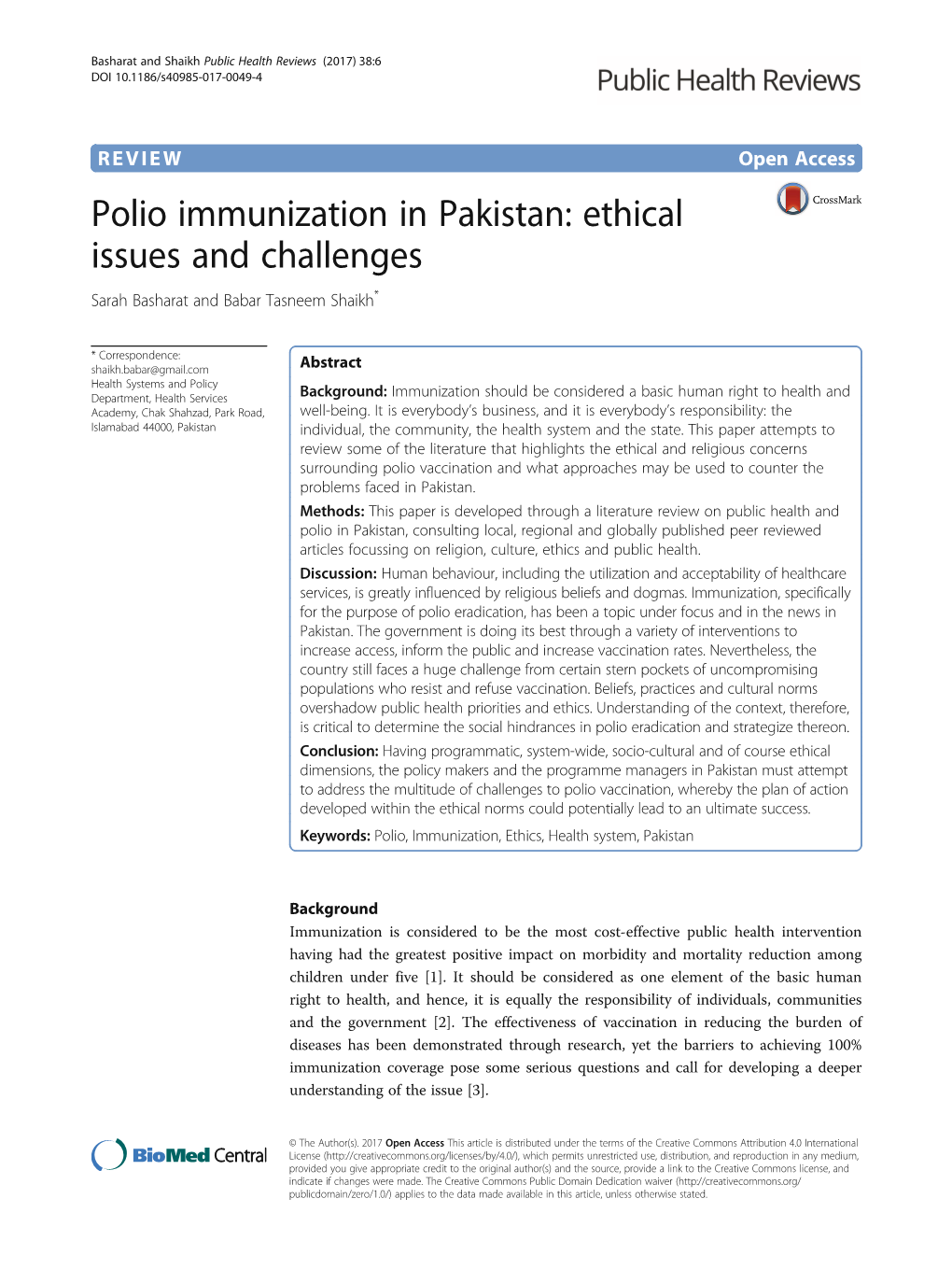 Polio Immunization in Pakistan: Ethical Issues and Challenges Sarah Basharat and Babar Tasneem Shaikh*