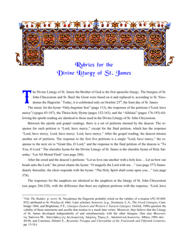 Rubrics for the Divine Liturgy of St. James