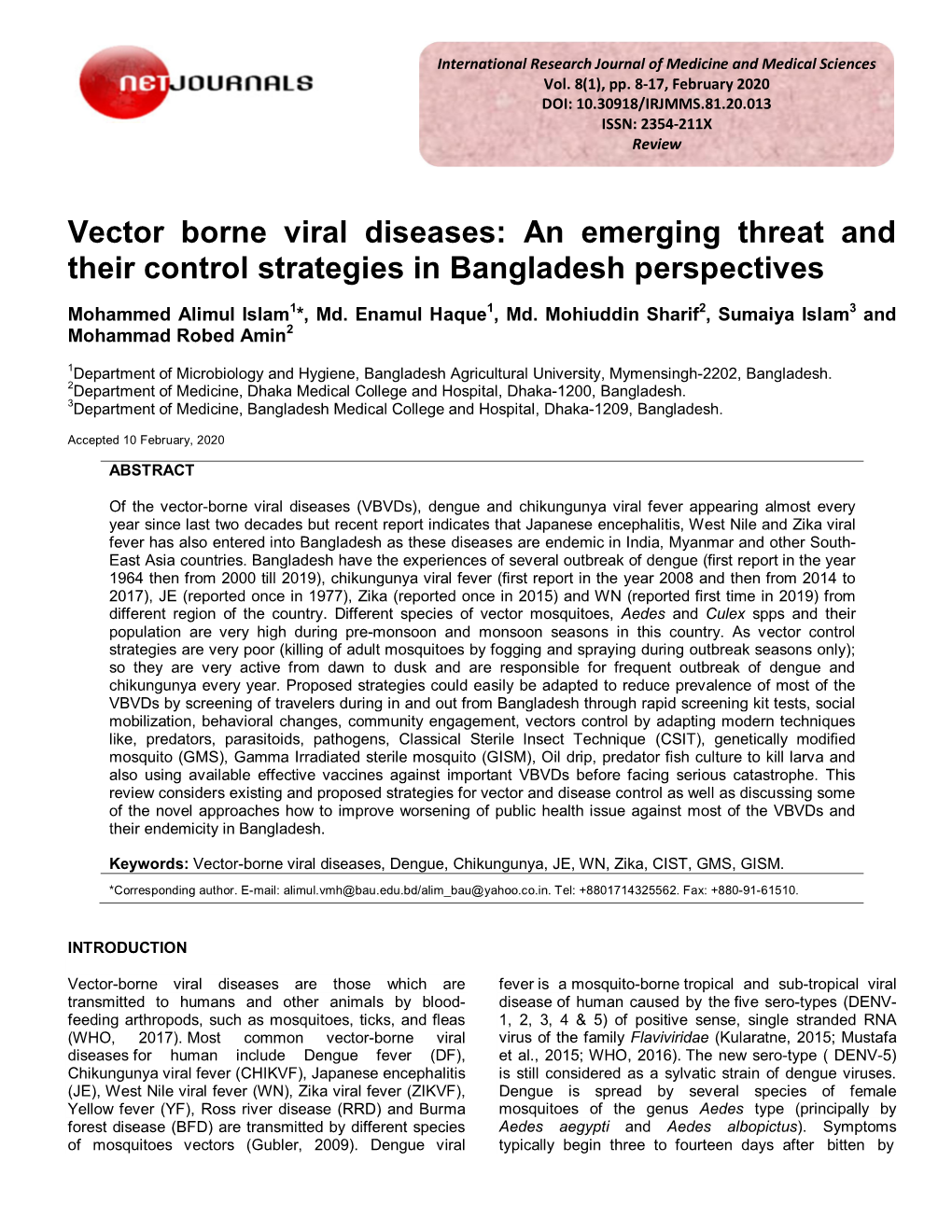Vector Borne Viral Diseases: an Emerging Threat and Their Control Strategies in Bangladesh Perspectives
