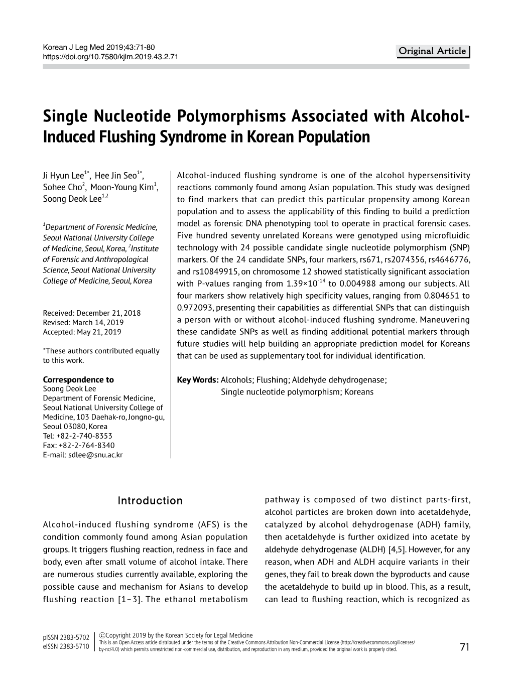 Single Nucleotide Polymorphisms Associated with Alcohol- Induced Flushing Syndrome in Korean Population