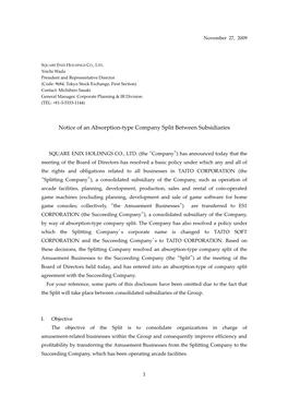 Notice of an Absorption-Type Company Split Between Subsidiaries