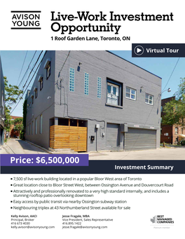 Live-Work Investment Opportunity 1 Roof Garden Lane, Toronto, ON