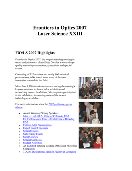 Frontiers in Optics 2007 Laser Science XXIII