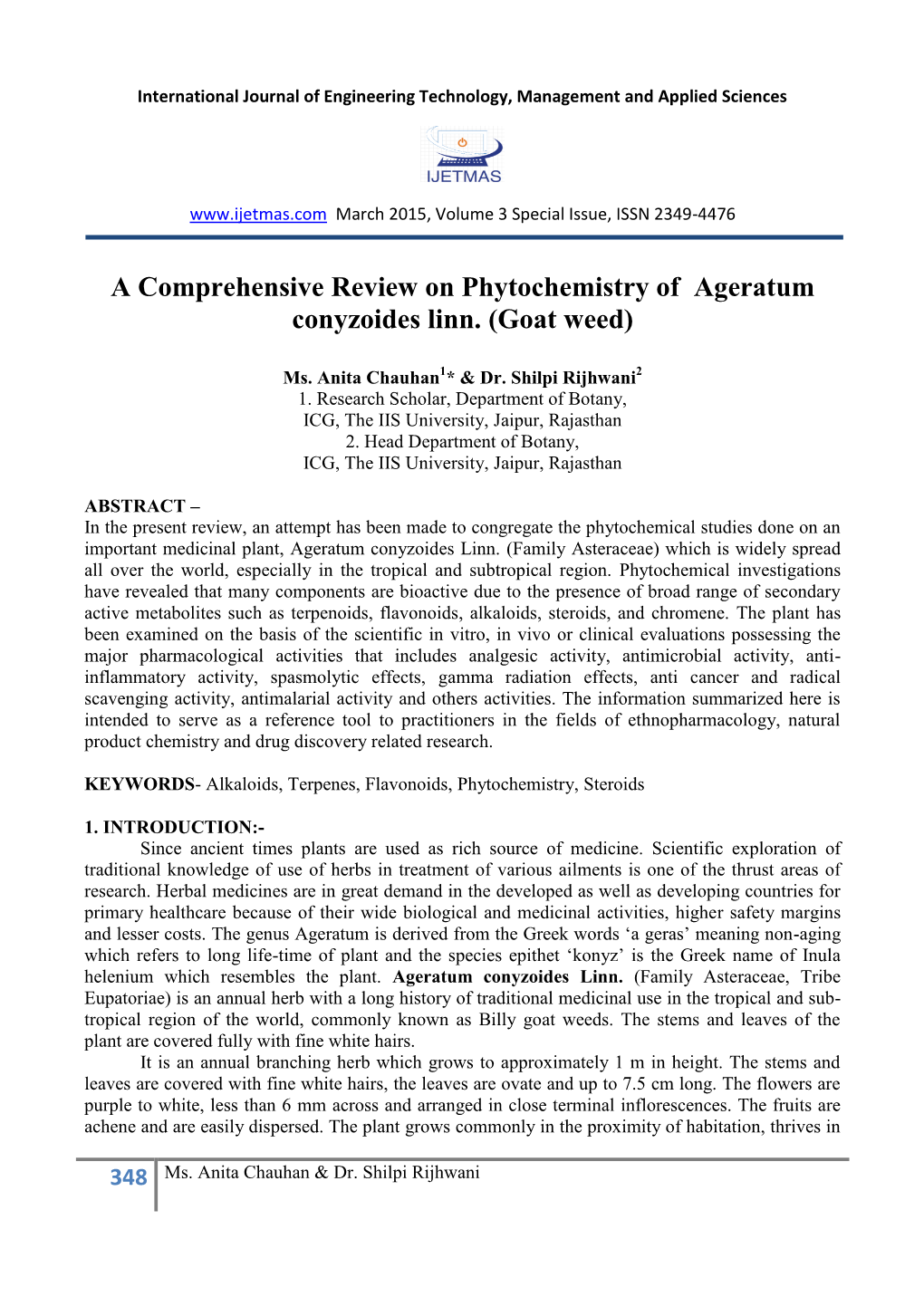 A Comprehensive Review on Phytochemistry of Ageratum Conyzoides Linn. (Goat Weed)