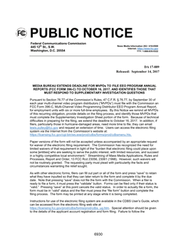 PUBLIC NOTICE Federal Communications Commission 445 12Th St., S.W