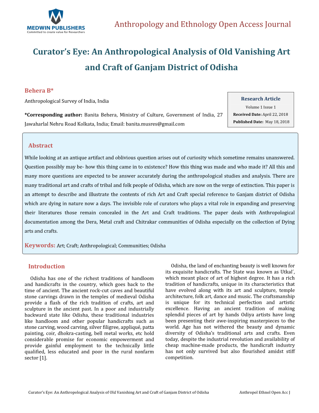 An Anthropological Analysis of Old Vanishing Art and Craft of Ganjam District of Odisha