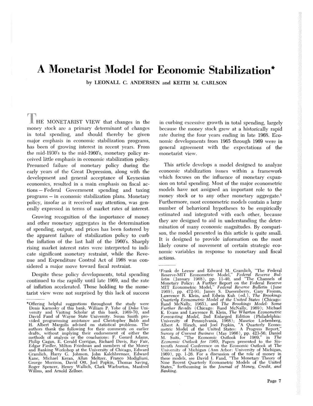 A Monetarist Model for Economic Stabilization