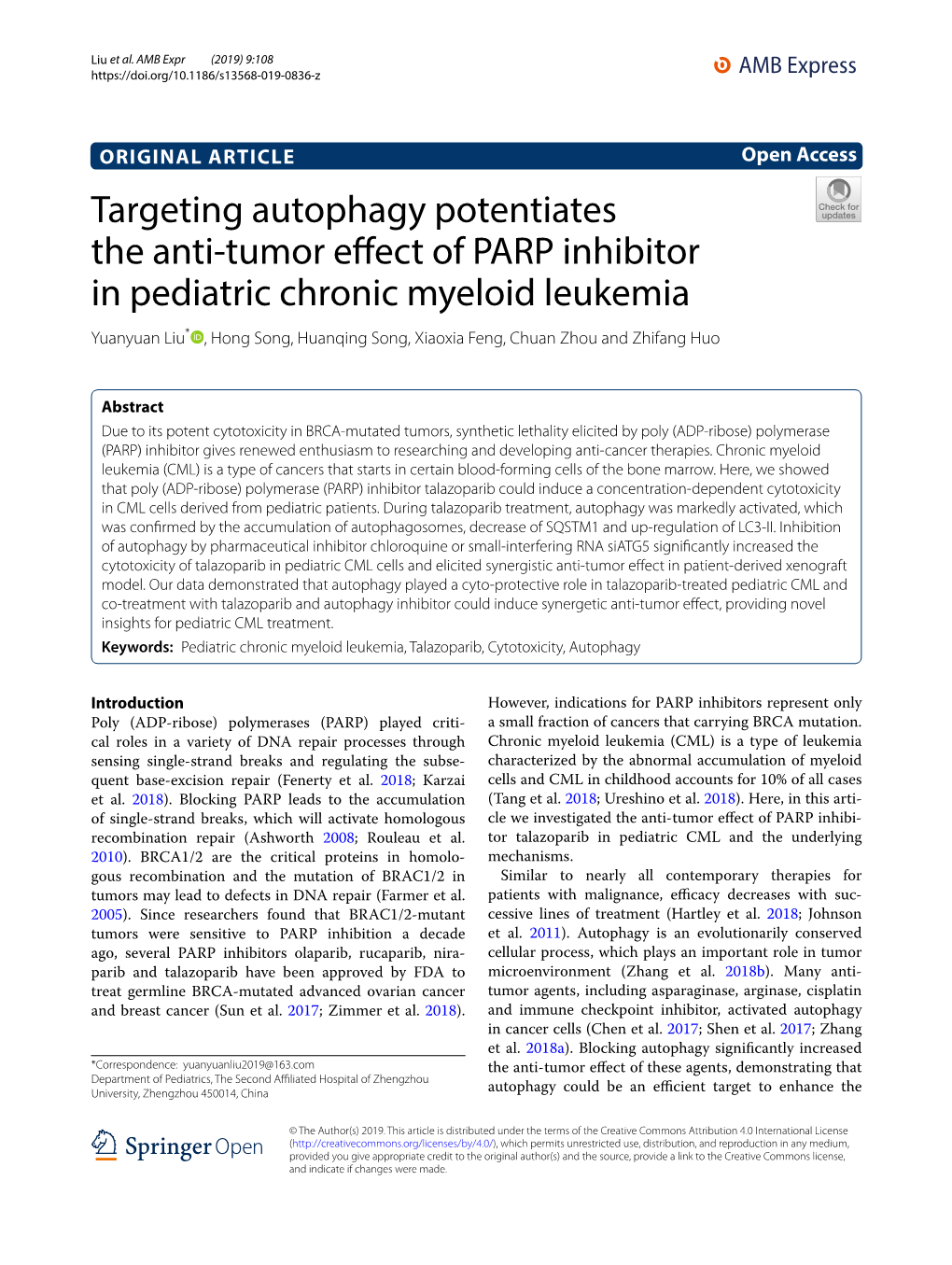 Targeting Autophagy Potentiates the Anti-Tumor Effect of PARP Inhibitor in Pediatric Chronic Myeloid Leukemia