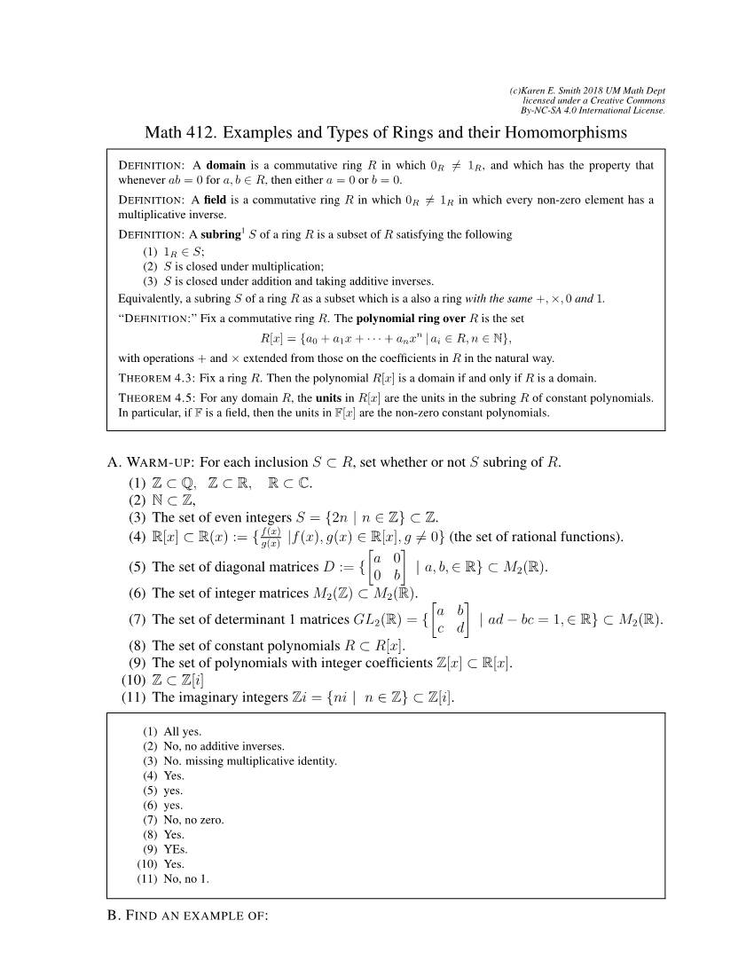 Math 412. Examples and Types of Rings and Their Homomorphisms
