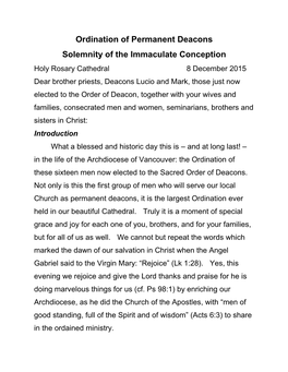 Homily on Ordination of Permanent Deacons