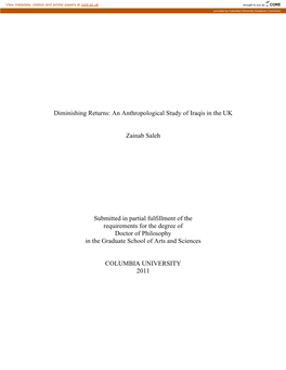 An Anthropological Study of Iraqis in the UK Zainab Saleh Submitted in Partial Fulfillment of the Requireme