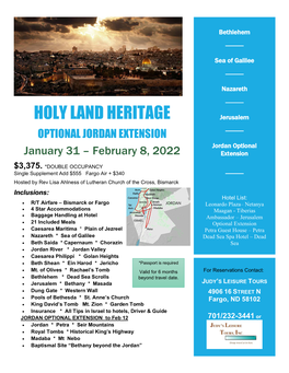 HOLY LAND HERITAGE Jerusalem OPTIONAL JORDAN EXTENSION Jordan Optional January 31 – February 8, 2022 Extension