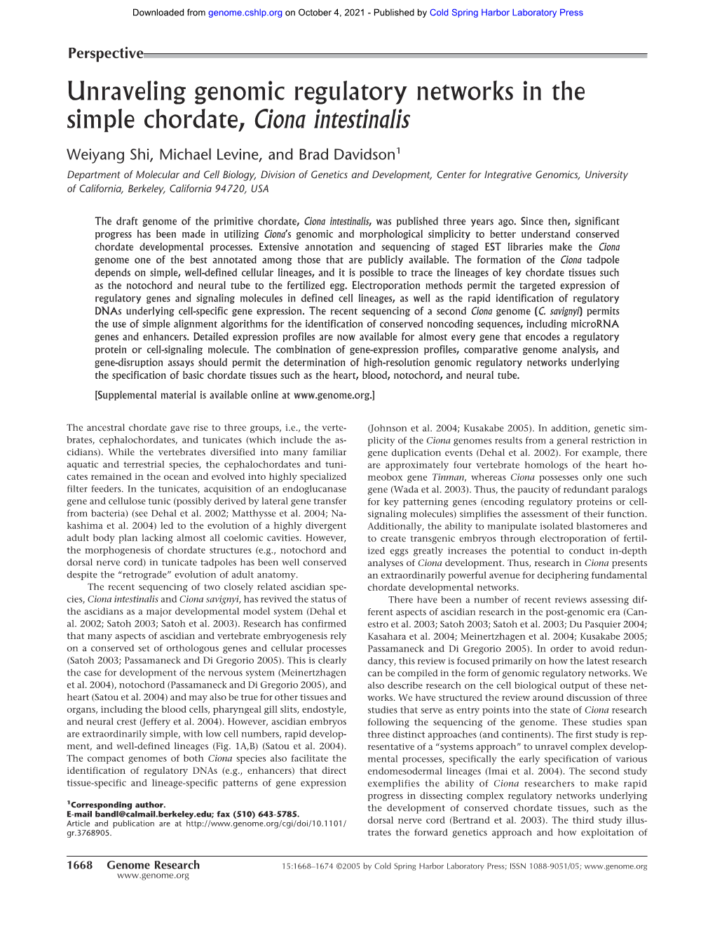 Unraveling Genomic Regulatory Networks in the Simple Chordate, Ciona Intestinalis