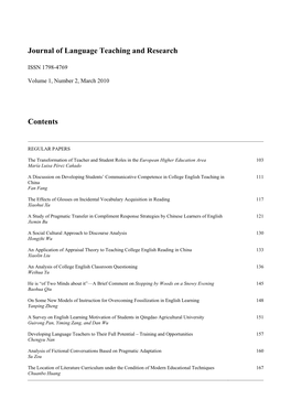 Journal of Language Teaching and Research Contents