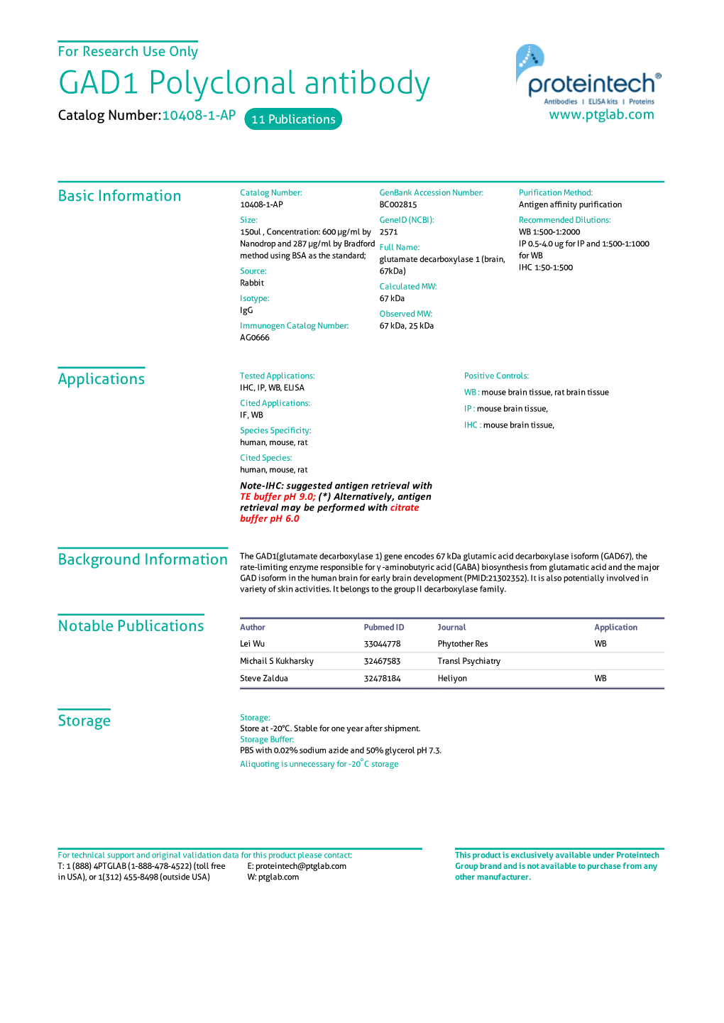 GAD1 Polyclonal Antibody Catalog Number:10408-1-AP 11 Publications
